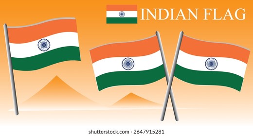 Vector illustration of the Indian national flag waving on an orange background, ideal for patriotic, cultural, or educational projects