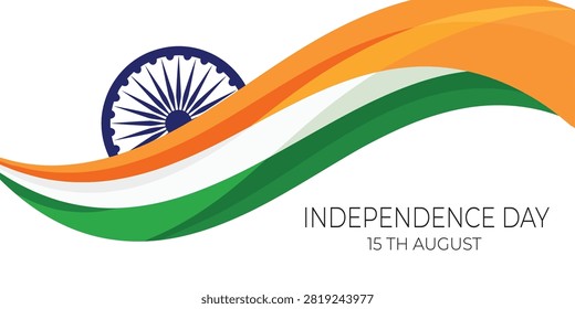 A vector illustration of the Indian national flag featuring the saffron, white, and green bands with the Ashoka Chakra, commemorating India’s Independence Day.