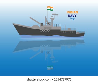 Ilustración vectorial del Día de la Marina India. 4 de diciembre con diseño de nave naval y bandera india.