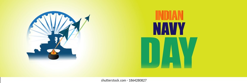 Vector illustration of Indian Navy Day banner, ashoka chakra, army ship and airforce craft, tricolor, poster for website and social media.