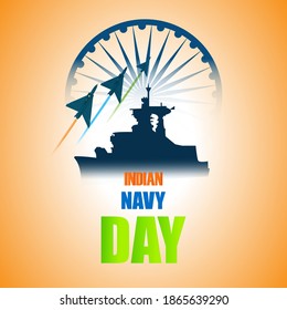 Ilustración vectorial del cartel del Día de la Marina India, ashoka chakra, barco del ejército y el avión, tricolor, afiche para sitio web y medios sociales.