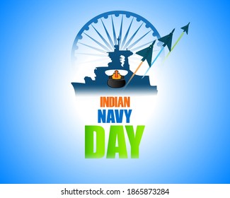 Ilustración vectorial del cartel del Día de la Marina India, ashoka chakra, barco del ejército y el avión, tricolor, afiche para sitio web y medios sociales.