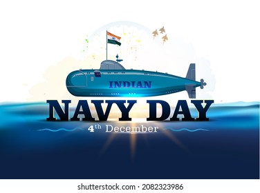 vector illustration of Indian navy day celebration poster, banner design with typography tricolor flag and submarine fighter ship