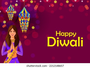 vector illustration of Indian people celebrating  Happy Diwali festival holiday celebration of India greeting background