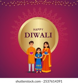 vector illustration of Indian people celebrating Happy Diwali festival holiday celebration of India greeting background