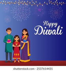 vector illustration of Indian people celebrating Happy Diwali festival holiday celebration of India greeting background