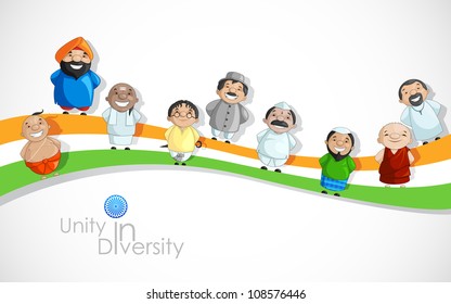 Vector Illustration Of Indian People Of Different Culture On Tricolor Flag