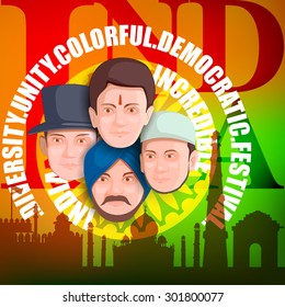 vector illustration of Indian people of different culture standing together, Unity in Diversity