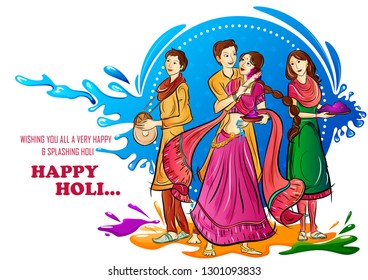 vector illustration of Indian people playing India Festival of Color Happy Holi background