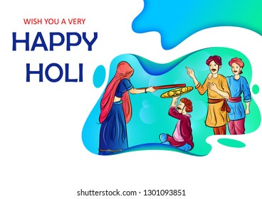 vector illustration of Indian people playing India Festival of Color Happy Holi background