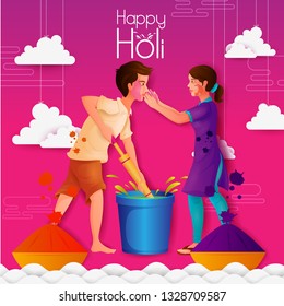 vector illustration of Indian people playing India Festival of Color Happy Holi background