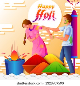 vector illustration of Indian people playing India Festival of Color Happy Holi background