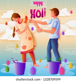 vector illustration of Indian people playing India Festival of Color Happy Holi background