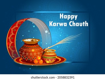 vector illustration of Indian Puja Thali for Karwa Chauth holiday festival of India
