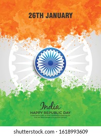 Vector Illustration of Indian Republic day celebration (26th January). Background with watercolor effect of Indian Flag and Ashoka Wheel symbol.