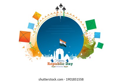 Vector illustration for Indian Republic Day on the 26th of January, celebration with fighter jet flying and kites