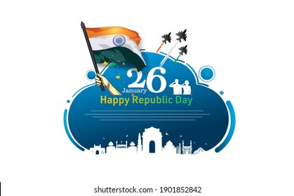 Vector illustration for Indian Republic Day on the 26th of January, celebration with flag and heritage skyline