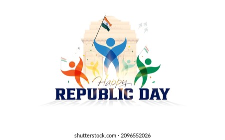 vector illustration of Indian republic day. 26 January. People holding tricolor flag and marching parade on India gate and cultural diversity presentation