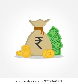 Vector illustration of an Indian rupee money bag with coins and a currency note, symbolizing wealth, savings, and financial growth.