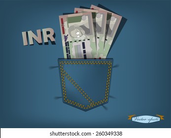 vector illustration of indian rupee in the pocket of blue jeans