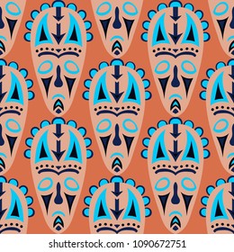 Vector Illustration. Indian Seamless Background with Ritual Masks for Print or Card. Ethnic Seamless Background with Color Trible Ritual Masks for your Design. Vector Texture.