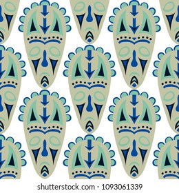 Vector Illustration. Indian Seamless Background with Ritual Masks for Print or Card. Ethnic Seamless Background with Color Trible Ritual Masks for your Design. Vector Texture.