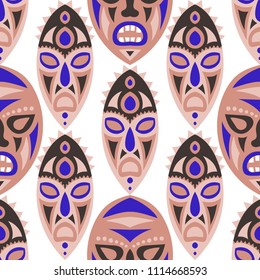Vector Illustration. Indian Seamless Background with Ritual Masks for Textile or Paper. Ethnic Seamless Background with Color Trible Ritual Masks for your Design. Vector Texture.
