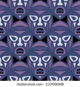 Vector Illustration. Indian Seamless Background with Ritual Masks for Textile or Paper. Ethnic Seamless Pattern with Color Trible Shamanic Masks for your Design. Vector Texture.