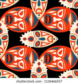 Vector Illustration. Indian Seamless Background with Ritual Masks for Card or Poster. Ethnic Seamless Pattern with Color Trible Shamanic Masks for your Design. Vector Texture.