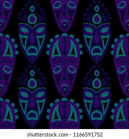 Vector Illustration. Indian Seamless Background with Ritual Masks for Print or Card. Ethnic Seamless Pattern with Color Trible Shamanic Masks for your Design. Vector Texture.
