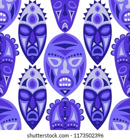 Vector Illustration. Indian Seamless Background with Ritual Masks for Textile or Paper. Ethnic Seamless Background with Color Trible Ritual Masks for your Design. Vector Texture.
