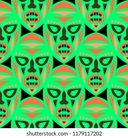 Vector Illustration. Indian Seamless Background with Ritual Masks for Poster or Banner. Ethnic Seamless Pattern with Color Trible Shamanic Masks for your Design. Vector Texture.
