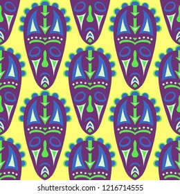 Vector Illustration. Indian Seamless Background with Ritual Masks for Print or Card. Ethnic Seamless Background with Color Trible Ritual Masks for your Design. Vector Texture.
