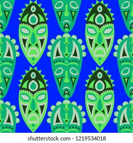 Vector Illustration. Indian Seamless Background with Ritual Masks for Card or Poster. Ethnic Seamless Pattern with Color Trible Shamanic Masks for your Design. Vector Texture.