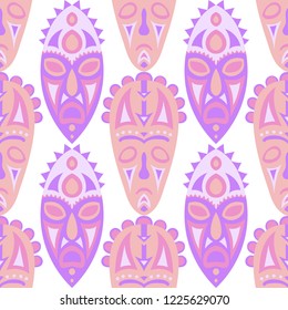 Vector Illustration. Indian Seamless Background with Ritual Masks for Card or Poster. Ethnic Seamless Background with Color Trible Ritual Masks for your Design. Vector Texture.
