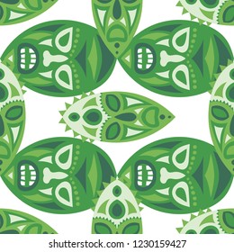 Vector Illustration. Indian Seamless Background with Ritual Masks for Card or Poster. Ethnic Seamless Background with Color Trible Ritual Masks for your Design. Vector Texture.