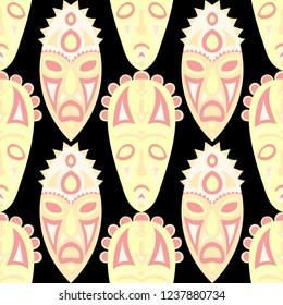 Vector Illustration. Indian Seamless Background with Ritual Masks for Print or Card. Ethnic Seamless Pattern with Color Trible Shamanic Masks for your Design. Vector Texture.