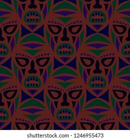 Vector Illustration. Indian Seamless Background with Ritual Masks for Card or Poster. Ethnic Seamless Pattern with Color Trible Shamanic Masks for your Design. Vector Texture.