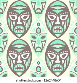 Vector Illustration. Indian Seamless Background with Ritual Masks for Textile or Paper. Ethnic Seamless Background with Color Trible Ritual Masks for your Design. Vector Texture.