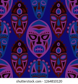 Vector Illustration. Indian Seamless Background with Ritual Masks for Print or Card. Ethnic Seamless Pattern with Color Trible Shamanic Masks for your Design. Vector Texture.