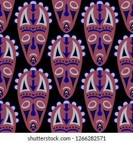 Vector Illustration. Indian Seamless Background with Ritual Masks for Print or Card. Ethnic Seamless Background with Color Trible Ritual Masks for your Design. Vector Texture.