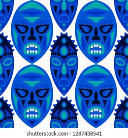 Vector Illustration. Indian Seamless Background with Ritual Masks for Textile or Paper. Ethnic Seamless Pattern with Color Trible Shamanic Masks for your Design. Vector Texture.