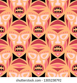 Vector Illustration. Indian Seamless Background with Ritual Masks for Poster or Banner. Ethnic Seamless Pattern with Color Trible Shamanic Masks for your Design. Vector Texture.