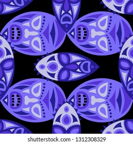 Vector Illustration. Indian Seamless Background with Ritual Masks for Print or Card. Ethnic Seamless Background with Color Trible Ritual Masks for your Design. Vector Texture.