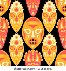 Vector Illustration. Indian Seamless Background with Ritual Masks for Card or Poster. Ethnic Seamless Background with Color Trible Ritual Masks for your Design. Vector Texture.