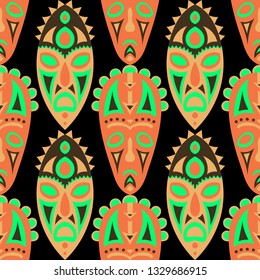 Vector Illustration. Indian Seamless Background with Ritual Masks for Card or Poster. Ethnic Seamless Background with Color Trible Ritual Masks for your Design. Vector Texture.