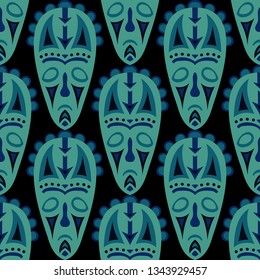 Vector Illustration. Indian Seamless Background with Ritual Masks for Print or Card. Ethnic Seamless Background with Color Trible Ritual Masks for your Design. Vector Texture.