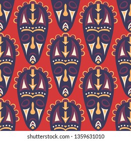 Vector Illustration. Indian Seamless Background with Ritual Masks for Card or Poster. Ethnic Seamless Pattern with Color Trible Shamanic Masks for your Design. Vector Texture.