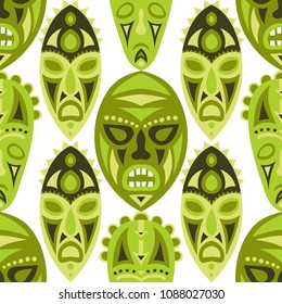 Vector Illustration. Indian Seamless Pattern with Color Masks for Card or Poster. Ethnic Seamless Background with Color Trible Ritual Masks for your Design. Vector Texture.