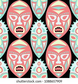 Vector Illustration. Indian Seamless Pattern with Color Masks for Print or Card. Ethnic Seamless Pattern with Color Trible Shamanic Masks for your Design. Vector Texture.